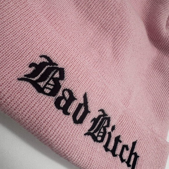 Bad B*tch Embroidered Beanie Skull NWT Knit Ski Hat Winter Cap, Pink and Black - Picture 2 of 4